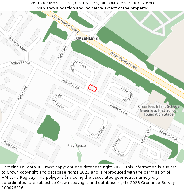 26, BUCKMAN CLOSE, GREENLEYS, MILTON KEYNES, MK12 6AB: Location map and indicative extent of plot