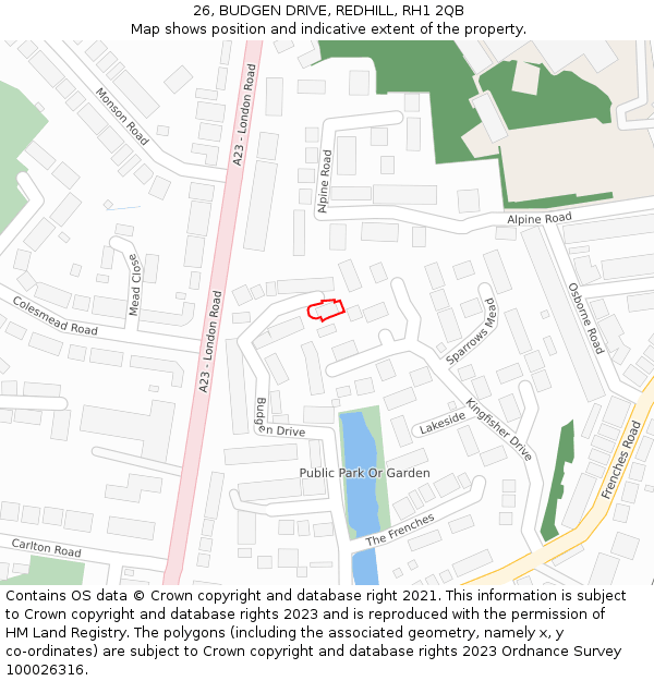 26, BUDGEN DRIVE, REDHILL, RH1 2QB: Location map and indicative extent of plot