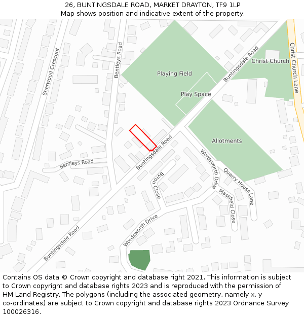 26, BUNTINGSDALE ROAD, MARKET DRAYTON, TF9 1LP: Location map and indicative extent of plot