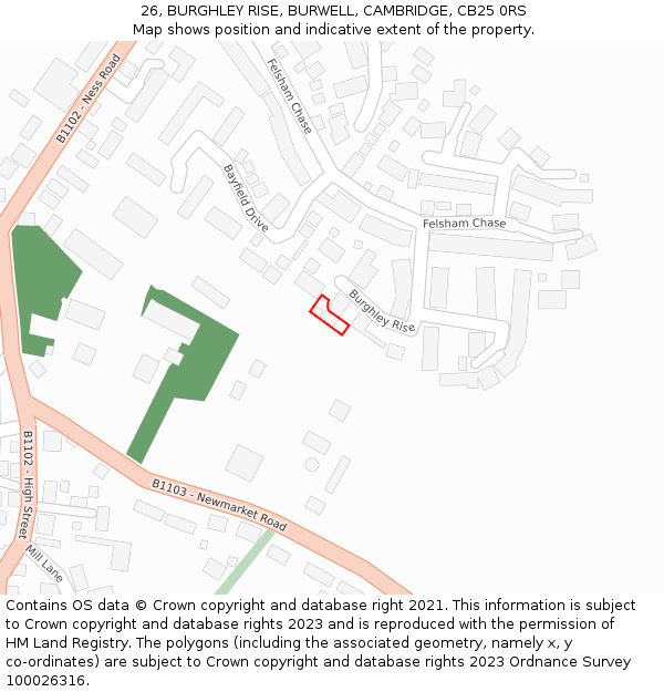 26, BURGHLEY RISE, BURWELL, CAMBRIDGE, CB25 0RS: Location map and indicative extent of plot