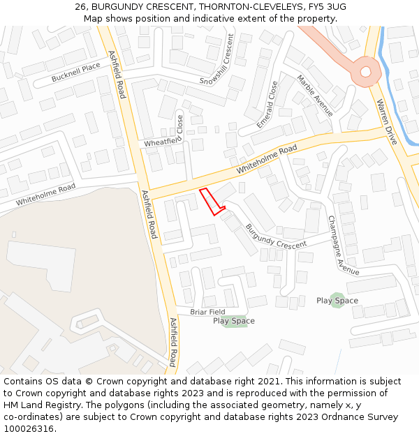 26, BURGUNDY CRESCENT, THORNTON-CLEVELEYS, FY5 3UG: Location map and indicative extent of plot