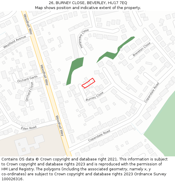 26, BURNEY CLOSE, BEVERLEY, HU17 7EQ: Location map and indicative extent of plot