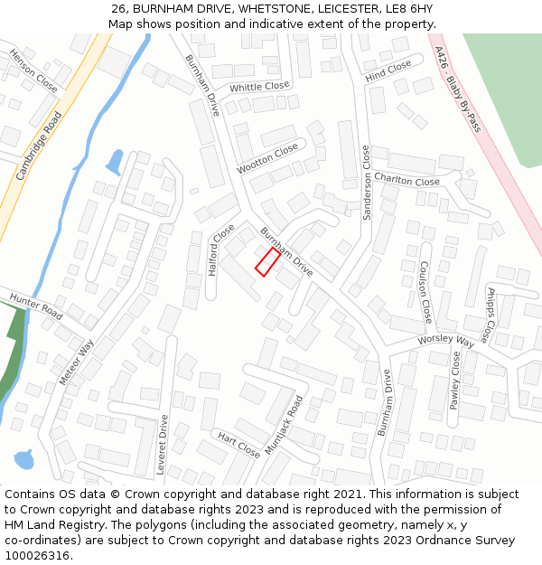 26, BURNHAM DRIVE, WHETSTONE, LEICESTER, LE8 6HY: Location map and indicative extent of plot
