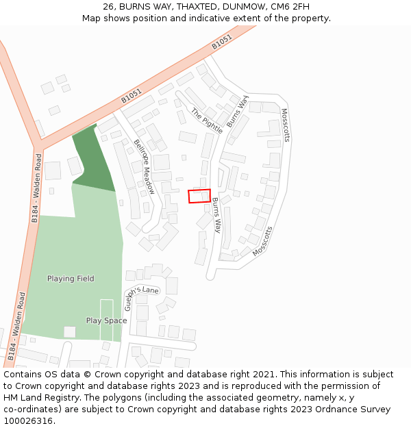 26, BURNS WAY, THAXTED, DUNMOW, CM6 2FH: Location map and indicative extent of plot