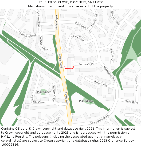 26, BURTON CLOSE, DAVENTRY, NN11 0TX: Location map and indicative extent of plot