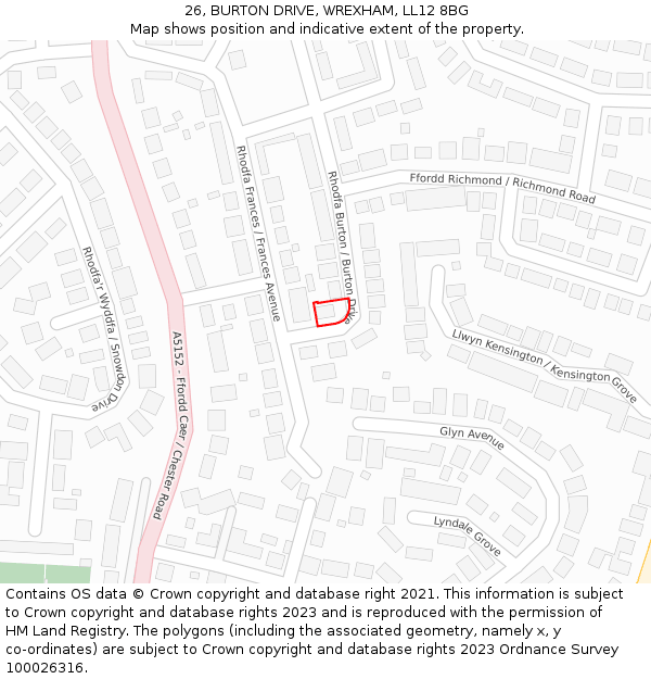 26, BURTON DRIVE, WREXHAM, LL12 8BG: Location map and indicative extent of plot