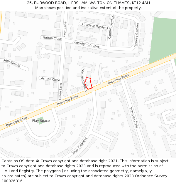 26, BURWOOD ROAD, HERSHAM, WALTON-ON-THAMES, KT12 4AH: Location map and indicative extent of plot