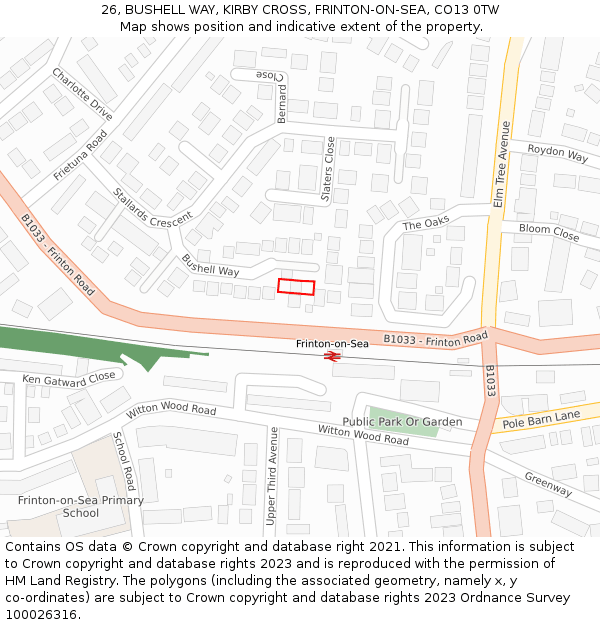 26, BUSHELL WAY, KIRBY CROSS, FRINTON-ON-SEA, CO13 0TW: Location map and indicative extent of plot