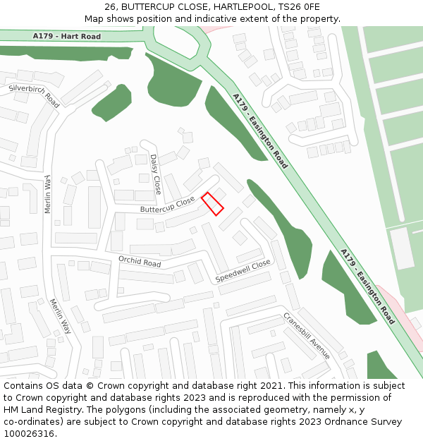 26, BUTTERCUP CLOSE, HARTLEPOOL, TS26 0FE: Location map and indicative extent of plot