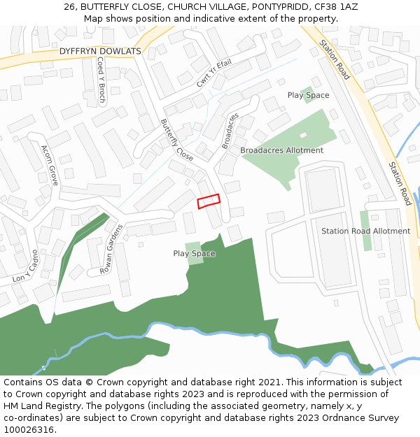 26, BUTTERFLY CLOSE, CHURCH VILLAGE, PONTYPRIDD, CF38 1AZ: Location map and indicative extent of plot