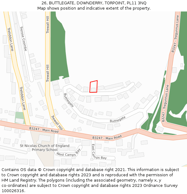 26, BUTTLEGATE, DOWNDERRY, TORPOINT, PL11 3NQ: Location map and indicative extent of plot