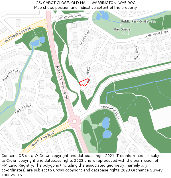 26, CABOT CLOSE, OLD HALL, WARRINGTON, WA5 9QQ: Location map and indicative extent of plot