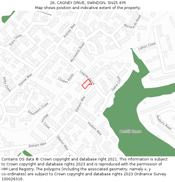 26, CAGNEY DRIVE, SWINDON, SN25 4YR: Location map and indicative extent of plot