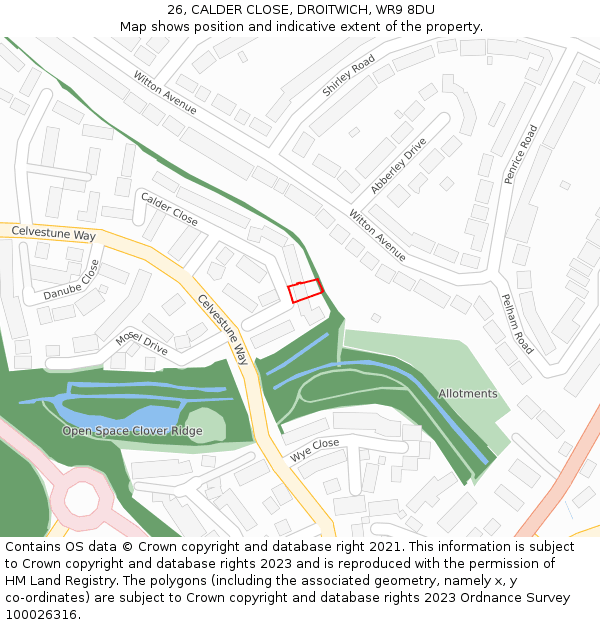 26, CALDER CLOSE, DROITWICH, WR9 8DU: Location map and indicative extent of plot