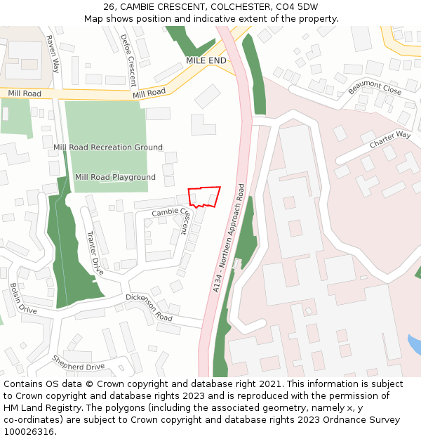 26, CAMBIE CRESCENT, COLCHESTER, CO4 5DW: Location map and indicative extent of plot