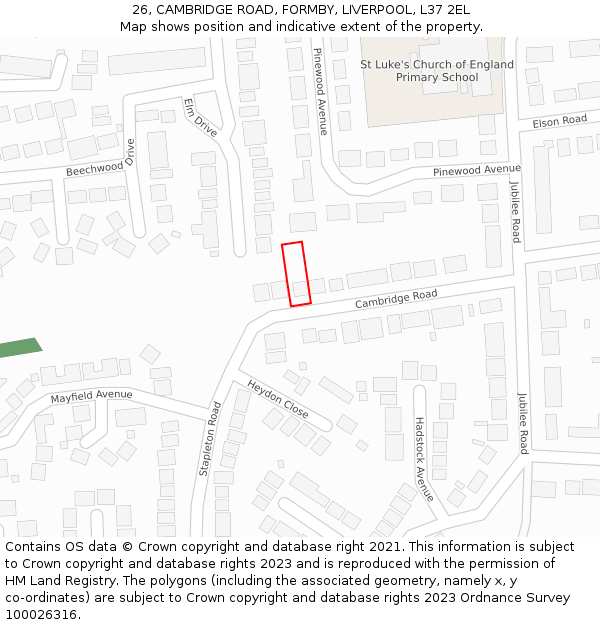 26, CAMBRIDGE ROAD, FORMBY, LIVERPOOL, L37 2EL: Location map and indicative extent of plot
