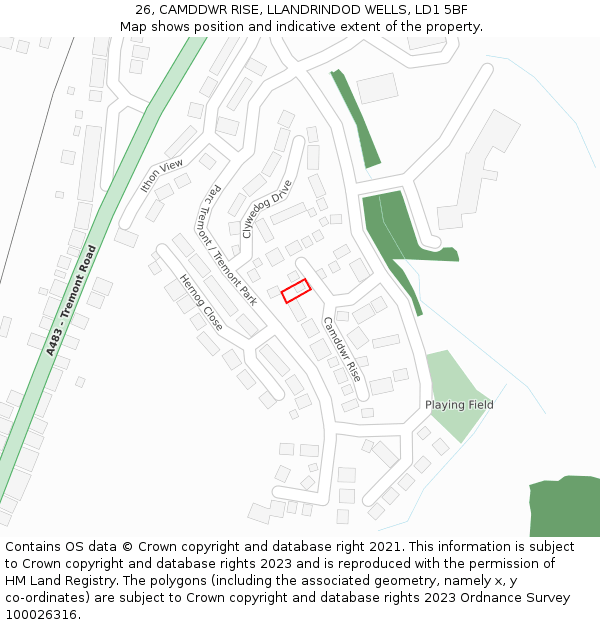 26, CAMDDWR RISE, LLANDRINDOD WELLS, LD1 5BF: Location map and indicative extent of plot