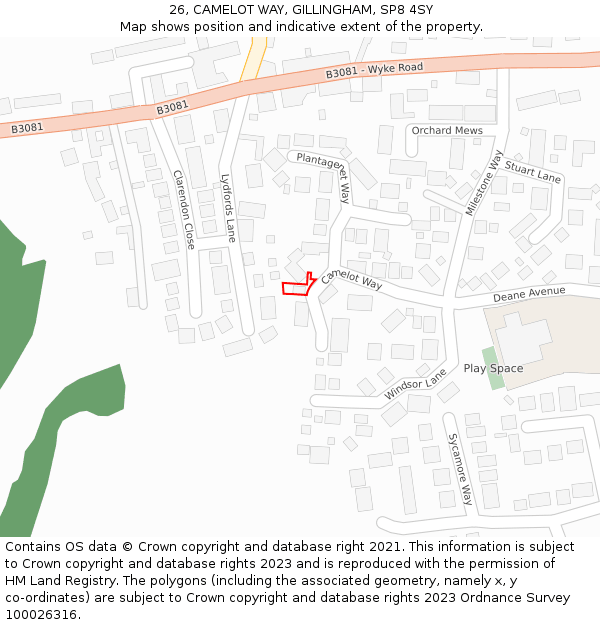 26, CAMELOT WAY, GILLINGHAM, SP8 4SY: Location map and indicative extent of plot