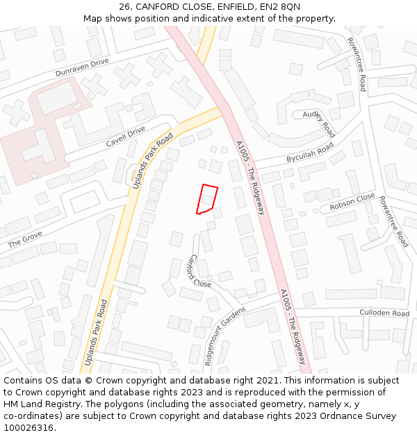 26, CANFORD CLOSE, ENFIELD, EN2 8QN: Location map and indicative extent of plot