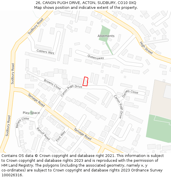 26, CANON PUGH DRIVE, ACTON, SUDBURY, CO10 0XQ: Location map and indicative extent of plot