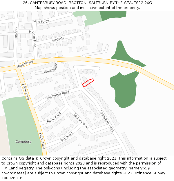 26, CANTERBURY ROAD, BROTTON, SALTBURN-BY-THE-SEA, TS12 2XG: Location map and indicative extent of plot