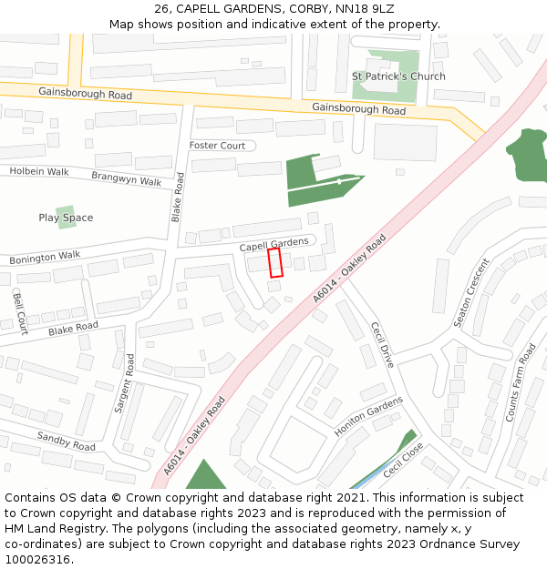26, CAPELL GARDENS, CORBY, NN18 9LZ: Location map and indicative extent of plot