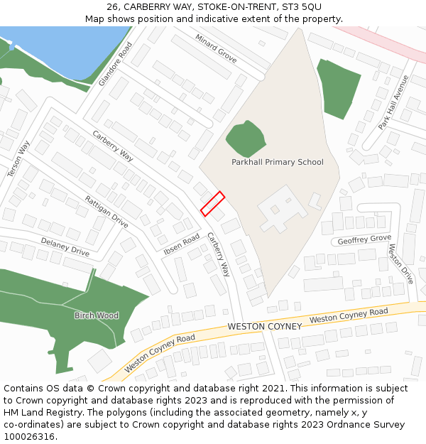 26, CARBERRY WAY, STOKE-ON-TRENT, ST3 5QU: Location map and indicative extent of plot