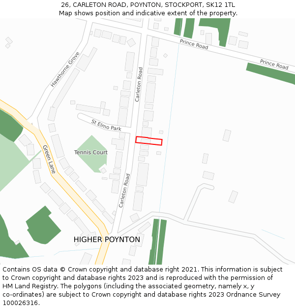 26, CARLETON ROAD, POYNTON, STOCKPORT, SK12 1TL: Location map and indicative extent of plot