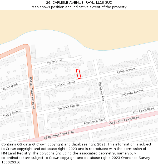 26, CARLISLE AVENUE, RHYL, LL18 3UD: Location map and indicative extent of plot