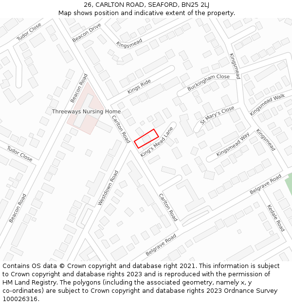 26, CARLTON ROAD, SEAFORD, BN25 2LJ: Location map and indicative extent of plot