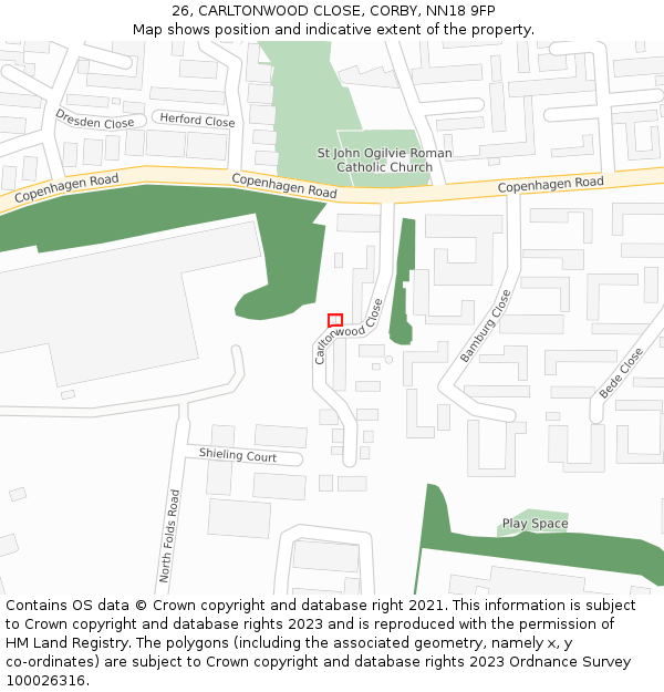 26, CARLTONWOOD CLOSE, CORBY, NN18 9FP: Location map and indicative extent of plot