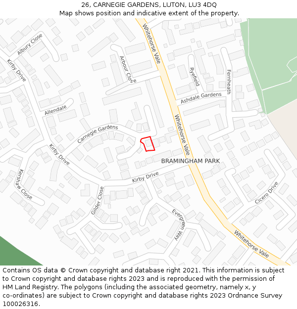 26, CARNEGIE GARDENS, LUTON, LU3 4DQ: Location map and indicative extent of plot