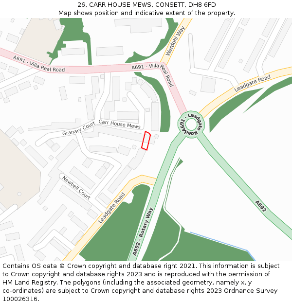 26, CARR HOUSE MEWS, CONSETT, DH8 6FD: Location map and indicative extent of plot