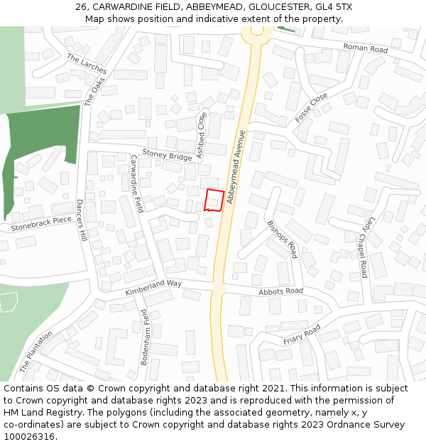 26, CARWARDINE FIELD, ABBEYMEAD, GLOUCESTER, GL4 5TX: Location map and indicative extent of plot