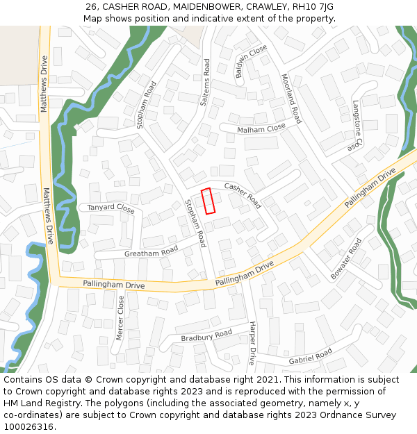 26, CASHER ROAD, MAIDENBOWER, CRAWLEY, RH10 7JG: Location map and indicative extent of plot