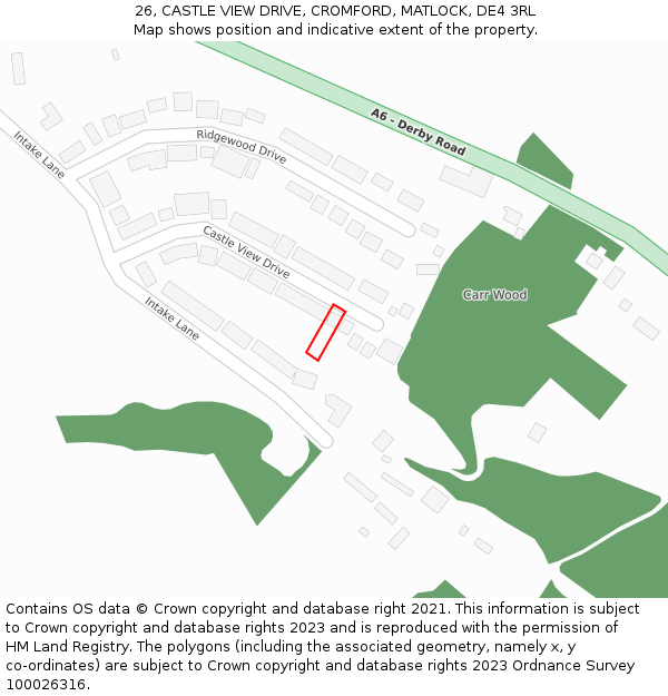 26, CASTLE VIEW DRIVE, CROMFORD, MATLOCK, DE4 3RL: Location map and indicative extent of plot