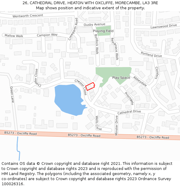 26, CATHEDRAL DRIVE, HEATON WITH OXCLIFFE, MORECAMBE, LA3 3RE: Location map and indicative extent of plot