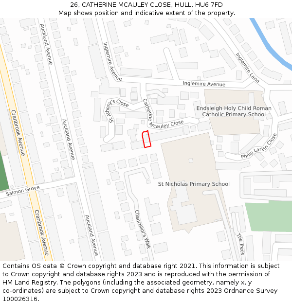 26, CATHERINE MCAULEY CLOSE, HULL, HU6 7FD: Location map and indicative extent of plot
