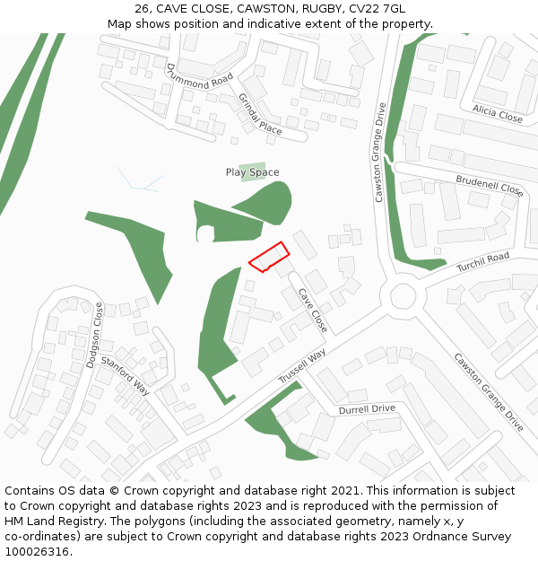 26, CAVE CLOSE, CAWSTON, RUGBY, CV22 7GL: Location map and indicative extent of plot