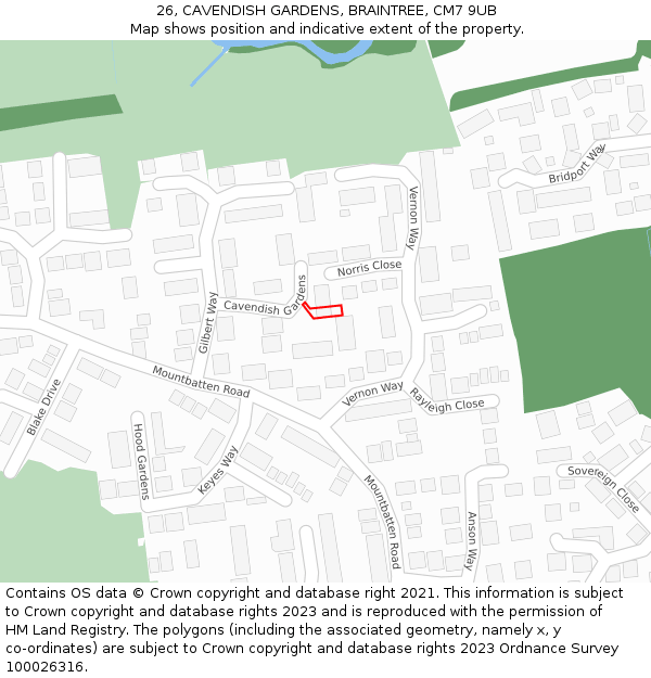 26, CAVENDISH GARDENS, BRAINTREE, CM7 9UB: Location map and indicative extent of plot