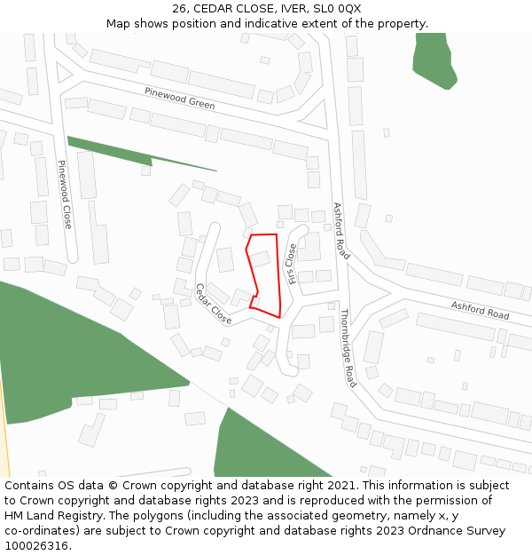 26, CEDAR CLOSE, IVER, SL0 0QX: Location map and indicative extent of plot