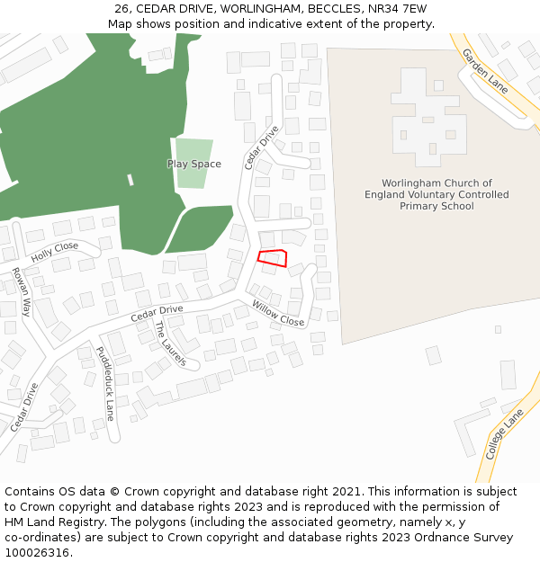 26, CEDAR DRIVE, WORLINGHAM, BECCLES, NR34 7EW: Location map and indicative extent of plot