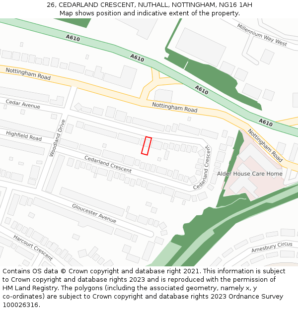 26, CEDARLAND CRESCENT, NUTHALL, NOTTINGHAM, NG16 1AH: Location map and indicative extent of plot