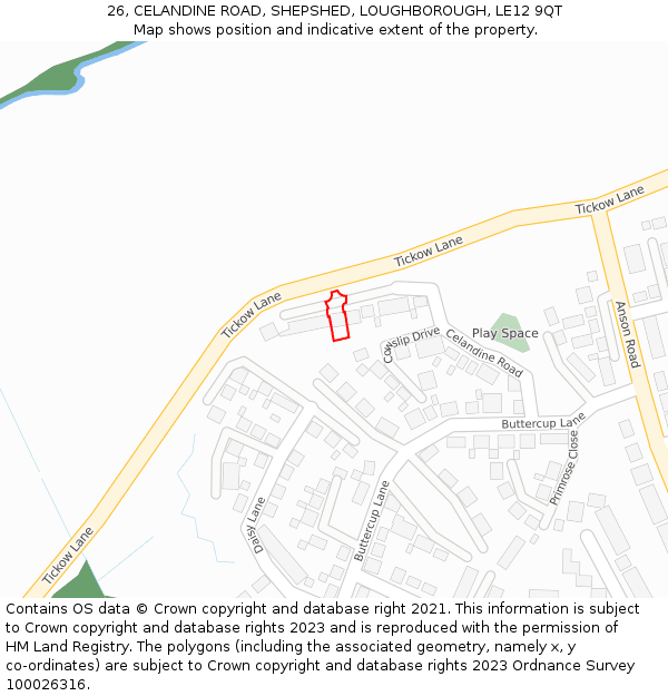 26, CELANDINE ROAD, SHEPSHED, LOUGHBOROUGH, LE12 9QT: Location map and indicative extent of plot