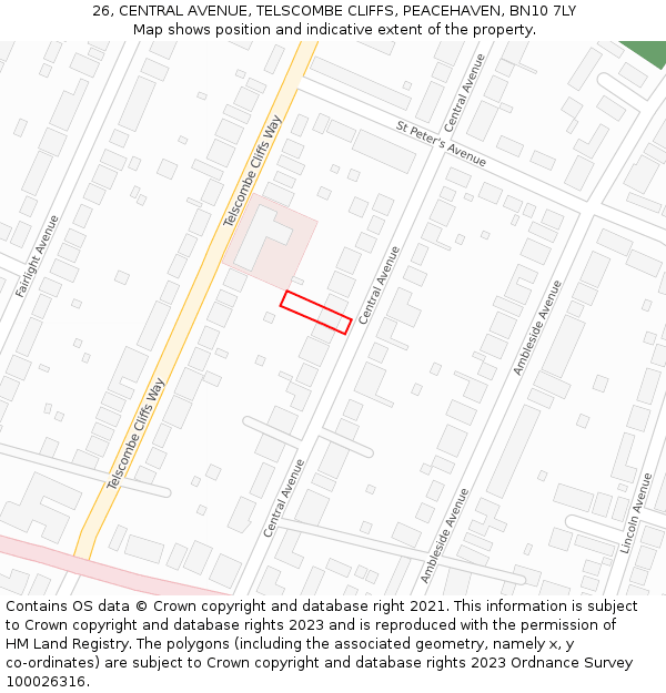 26, CENTRAL AVENUE, TELSCOMBE CLIFFS, PEACEHAVEN, BN10 7LY: Location map and indicative extent of plot