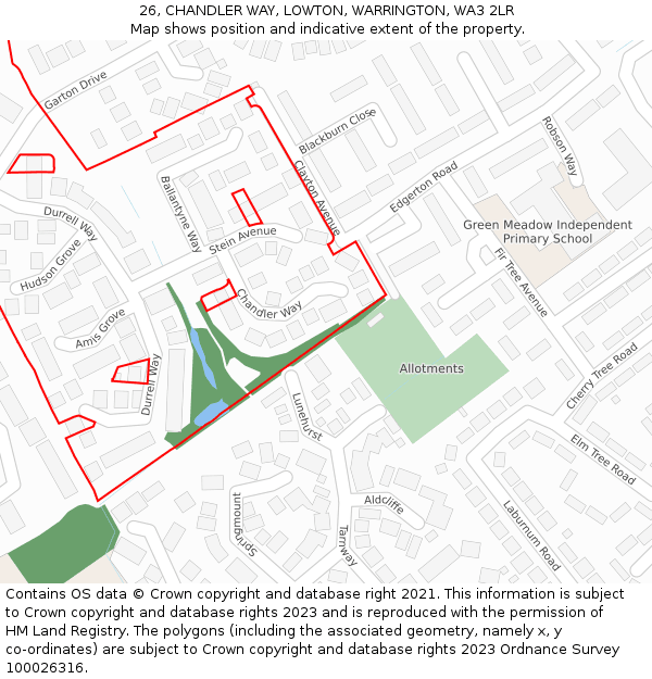 26, CHANDLER WAY, LOWTON, WARRINGTON, WA3 2LR: Location map and indicative extent of plot