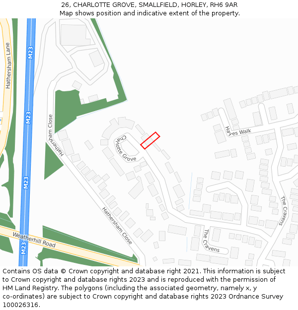 26, CHARLOTTE GROVE, SMALLFIELD, HORLEY, RH6 9AR: Location map and indicative extent of plot