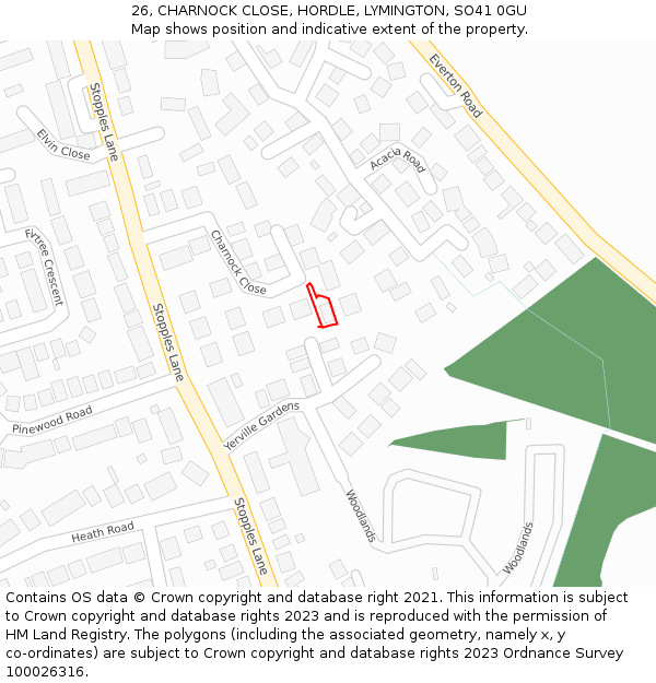 26, CHARNOCK CLOSE, HORDLE, LYMINGTON, SO41 0GU: Location map and indicative extent of plot