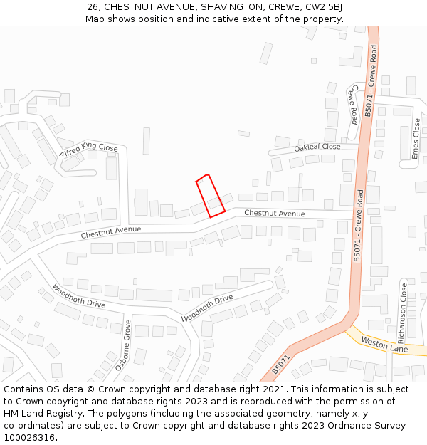 26, CHESTNUT AVENUE, SHAVINGTON, CREWE, CW2 5BJ: Location map and indicative extent of plot