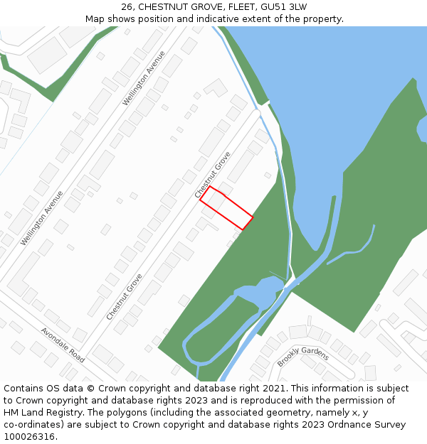 26, CHESTNUT GROVE, FLEET, GU51 3LW: Location map and indicative extent of plot